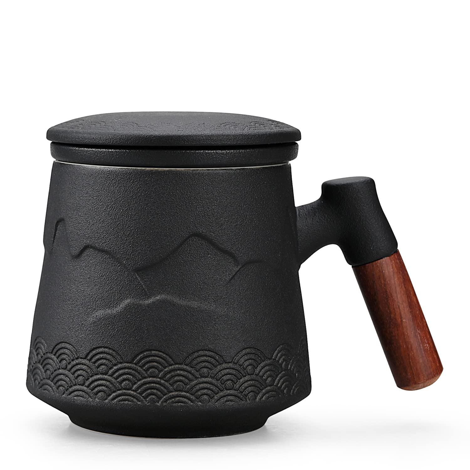 Tea Cup with Infuser and Lid, Gradual Mountain and Spray Tea Mug Cups with Infuser, Wood Handle Ceramic Coffee Mug with Lid Tea 430ml/14.50 OZ (Black)