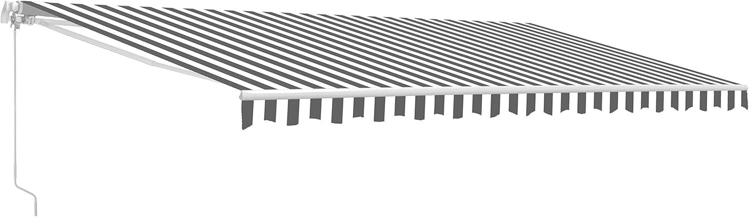 Gray and White Striped Motorized Retractable Patio Awning