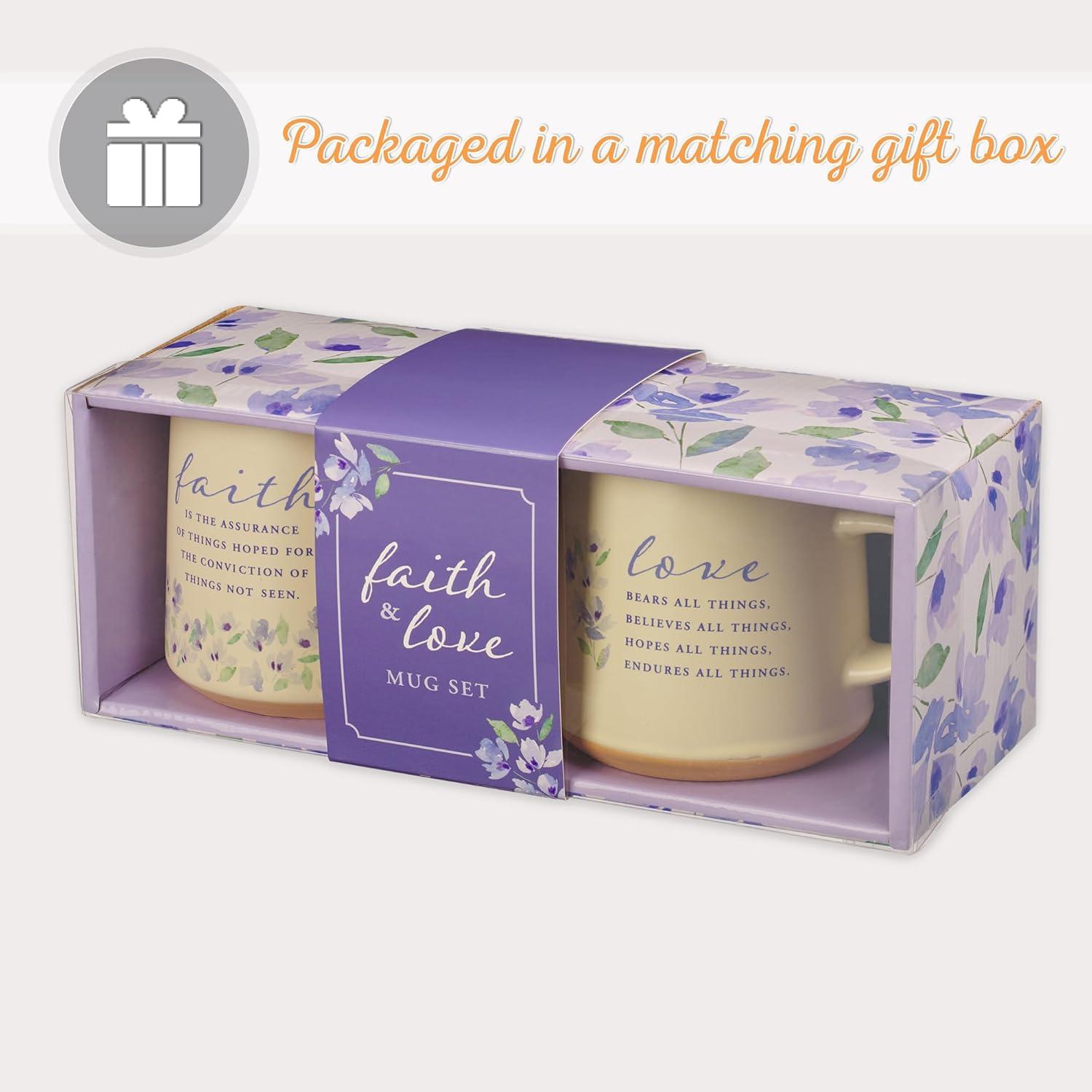 Christian Art Gifts Novelty Floral Ceramic Coffee & Tea Mug Set for Women: Faith & Love w/Encouraging Scripture, Microwave/Dishwasher Safe w/Clay Base - Set of 2 Large 14 oz. Cups, Lilac Purple/White