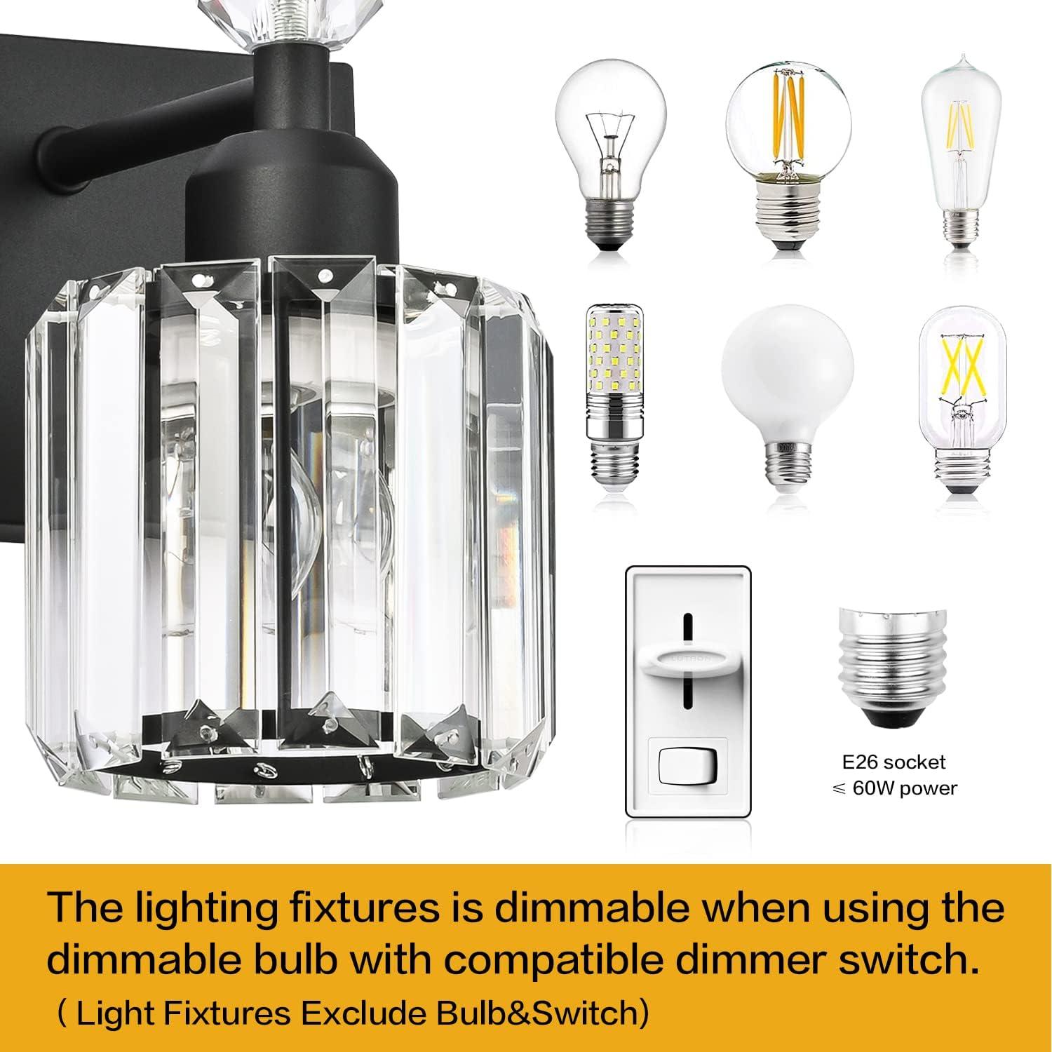 PRESDE Black Crystal Bathroom Lights Fixtures Over Mirror Modern 3 Light Vanity Lighting Bathroom Wall Light Fixtures(Exclude Bulb)