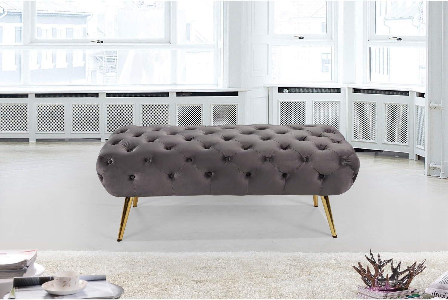 Meridian Furniture Amara Collection Modern | Contemporary Grey Velvet Upholstered Bench with Deep Button Tufting, Stainless Steel Legs with Gold Finish, 48" W x 20.5" D x 19" H,