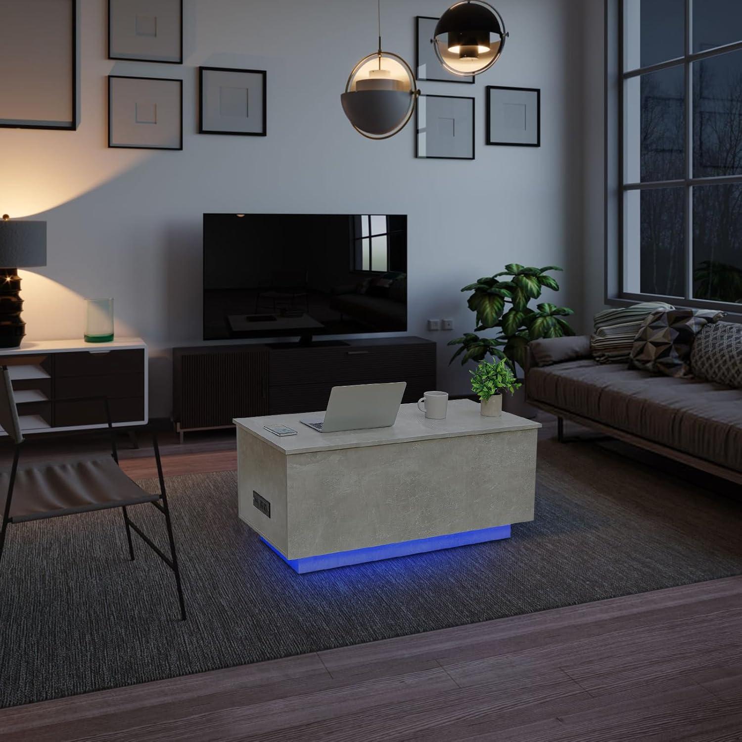 Grey Lift-Top Coffee Table with LED Lights and Storage