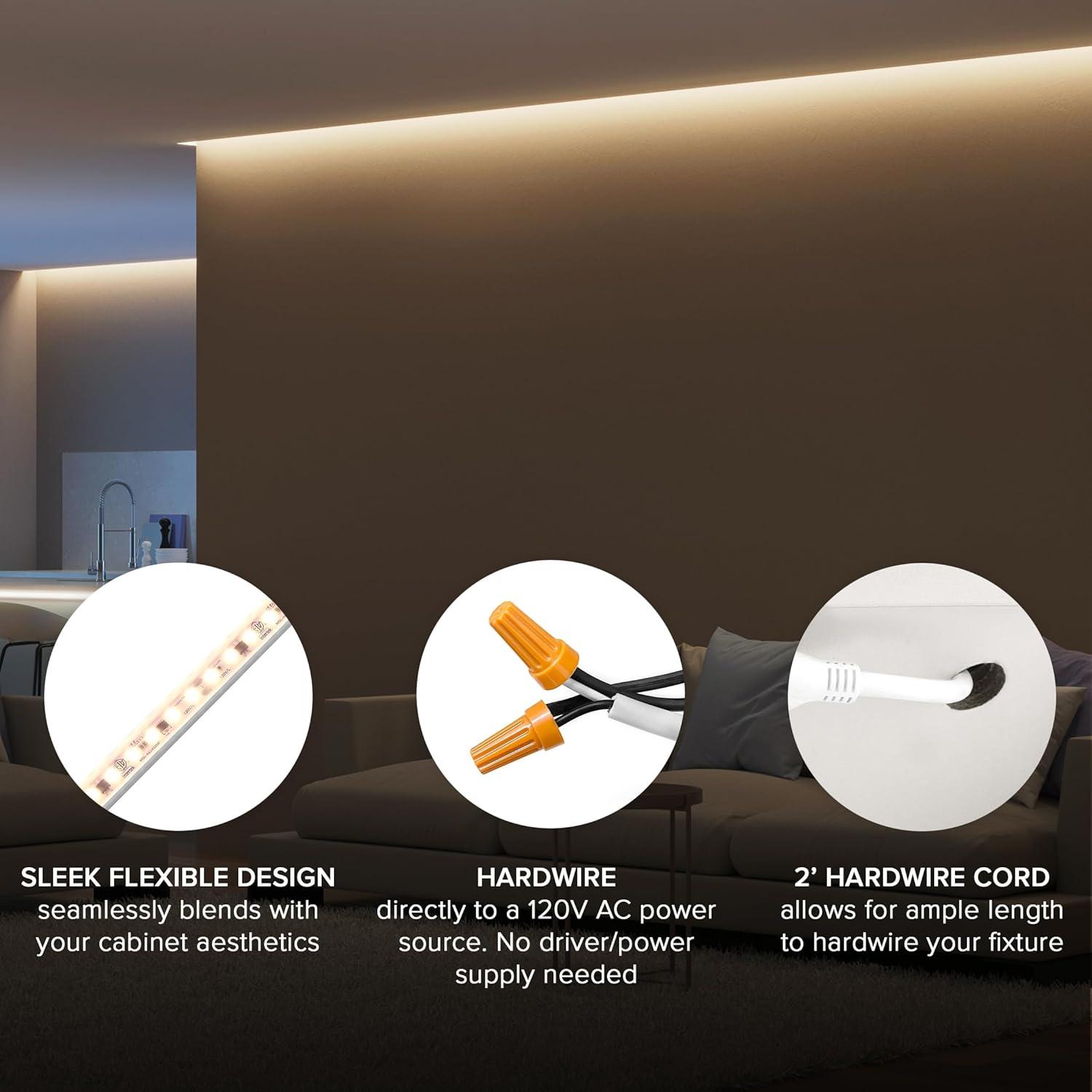 Maxxima 96 in. LED Under Cabinet Strip Light, Hardwired, 3680 Lumens, 3000K Warm White, 120V White Cove Light