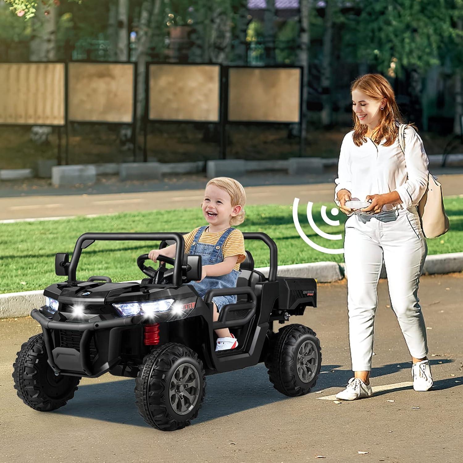 JOYRACER 24V 2 Seater Ride On Dump Truck with Remote Control , Electric UTV Car with Electric Dump Bed, 4WD Power Ride Cars W/6 Wheels Ride On Toys with Shovel Music Player