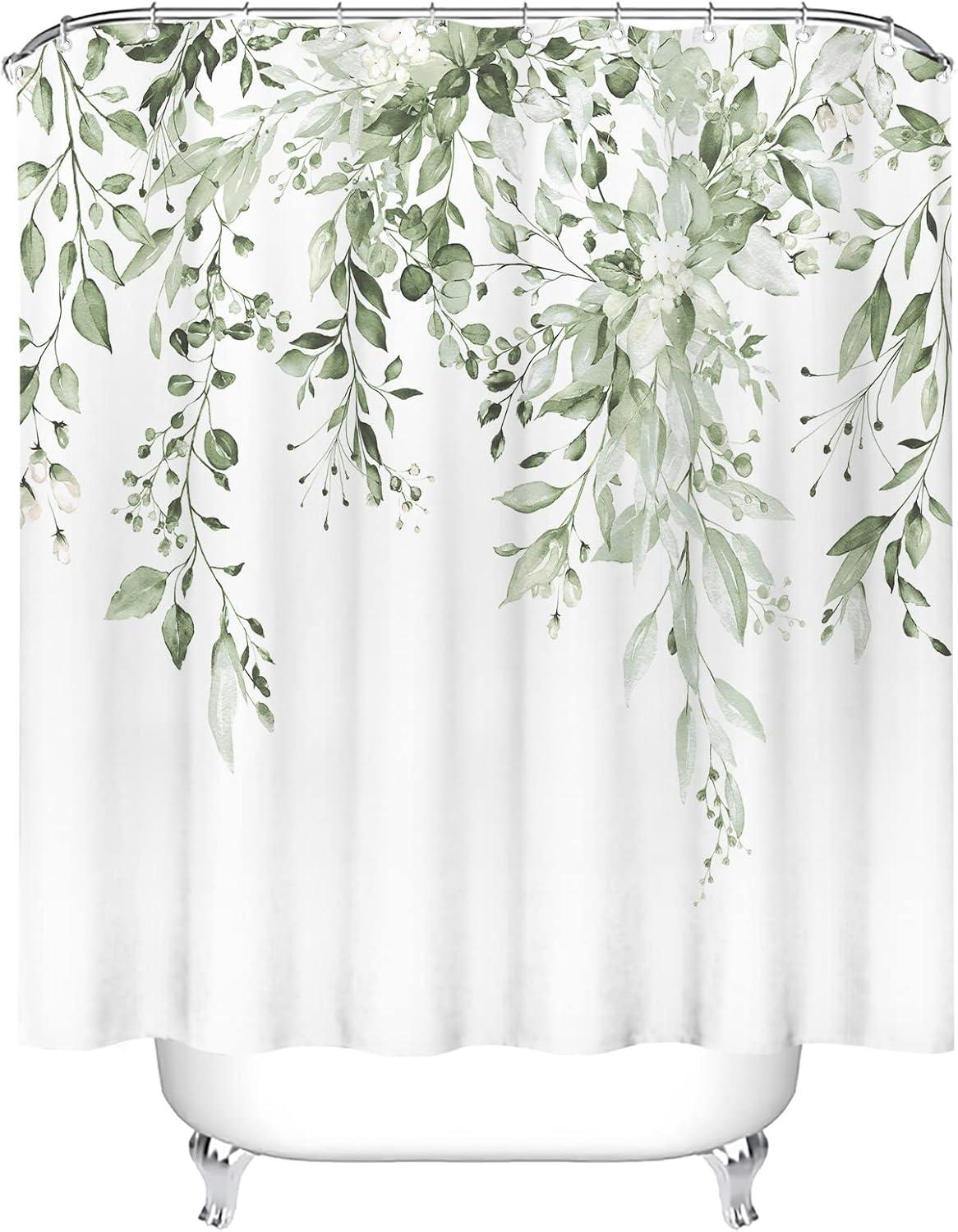 Eucalyptus Watercolor Leaves Semi-Sheer Waterproof Shower Curtain