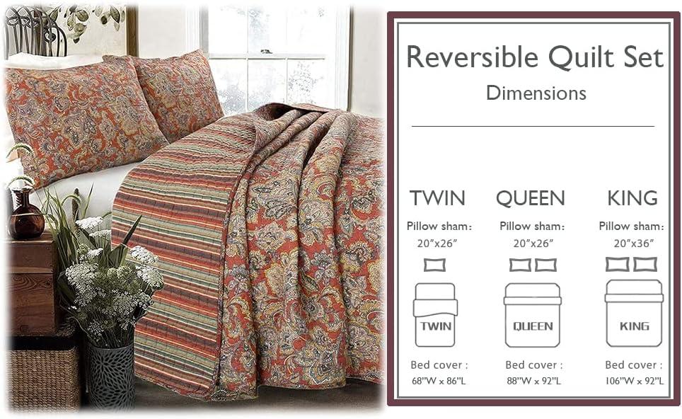 Cozy Line Home Fashions Red Orange Vintage Reversible 100% Cotton 3-Piece Quilt Bedding Set, Coverlet Bedspread (Lara Spice Paisley, Queen - 3 Piece)