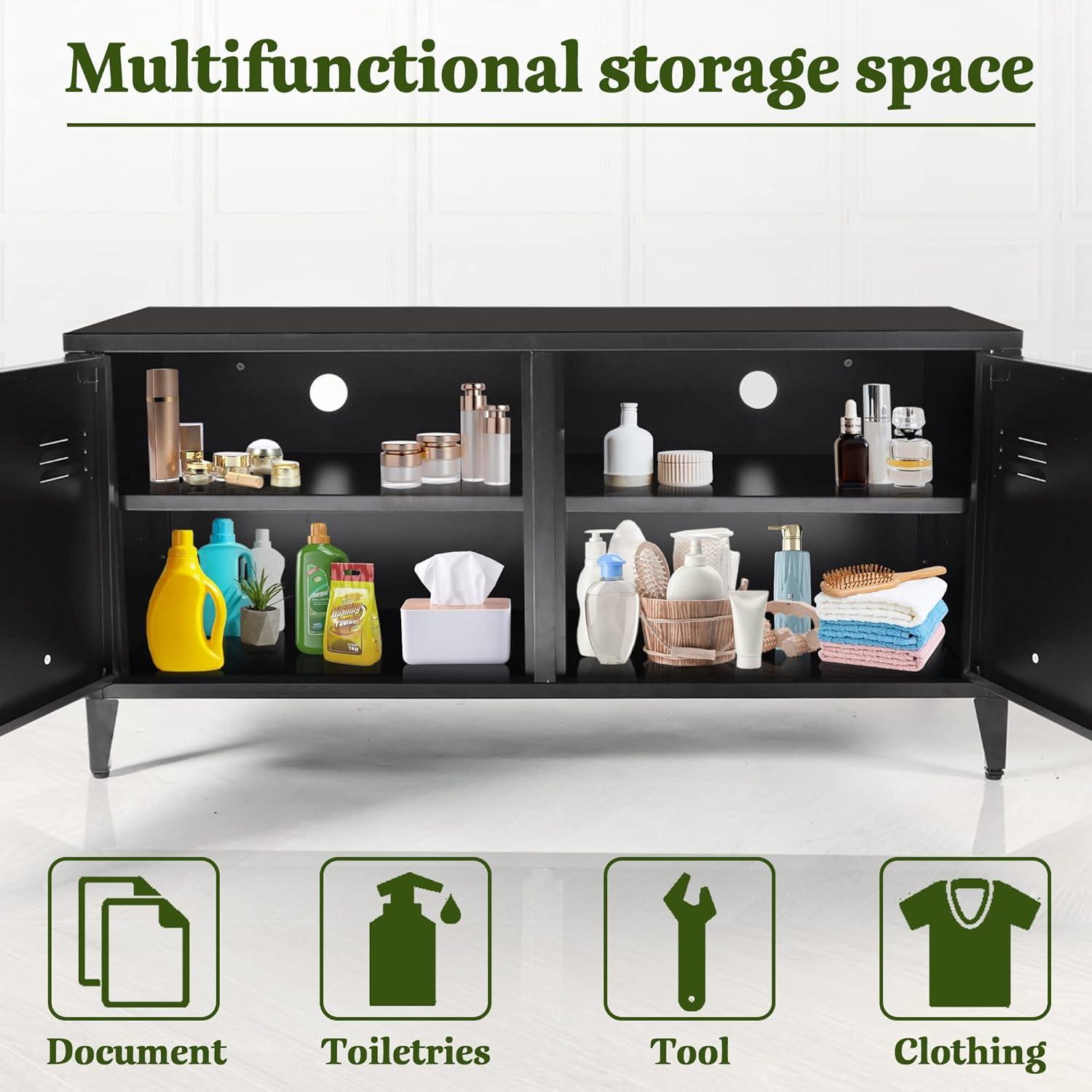 HOPUBUY Metal Storage Cabinet with Lock, Steel Locker Cabinet with Removable Shelves and 2 Locking Doors, Black Storage Cabinets for Home, Garage, Office, Bedroom