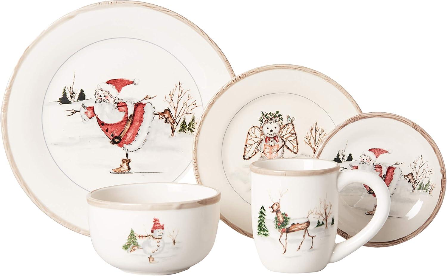 American Atelier, Round, Christmas Twig Cream Ceramic Dinnerware Set, 20-Piece