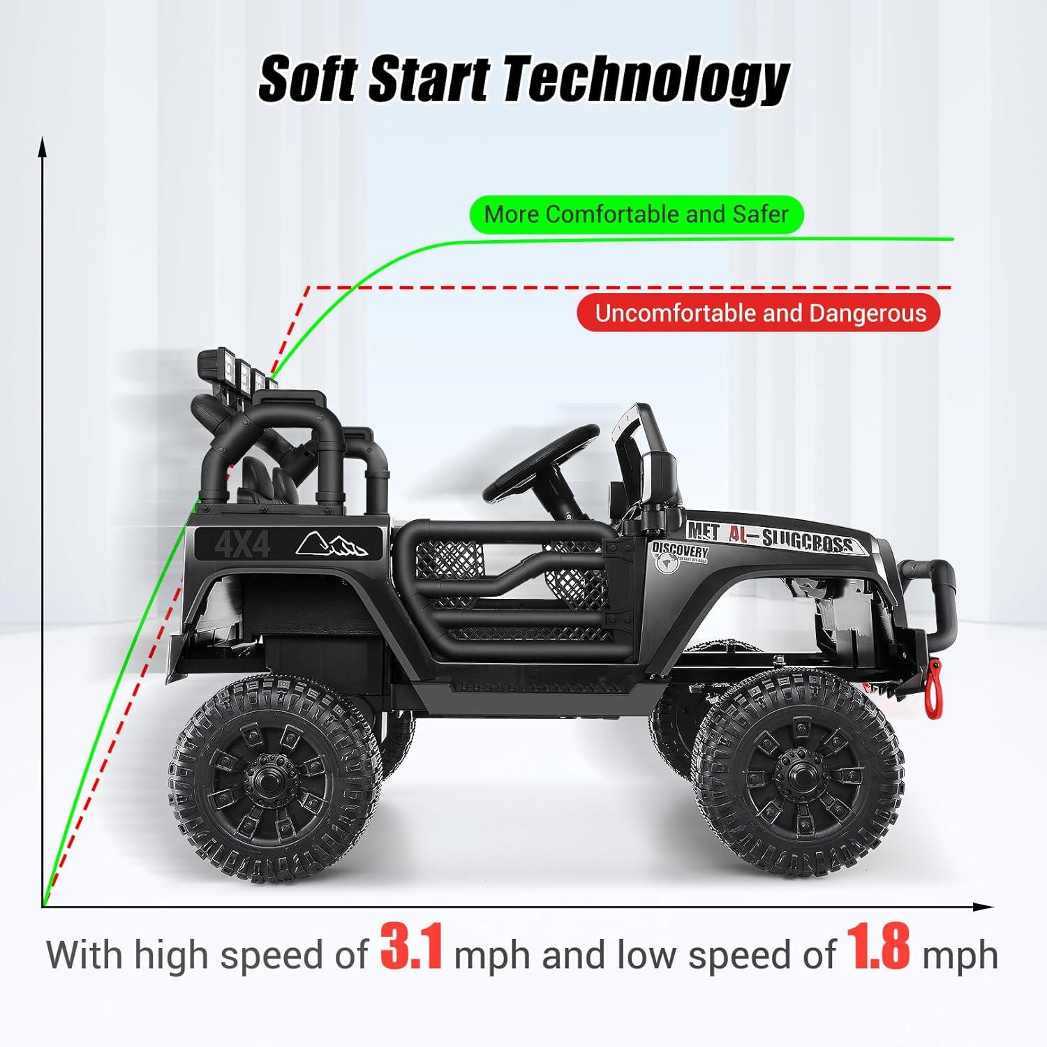 24V Electric Ride on Jeeps for Kids, Ride On Car Truck with Remote Control, Battery Power Car Wheels for Kids w/LED Lights, Bluetooth, Music, 3 Speeds, 24 Volt Ride on Toys for Boys and Girls