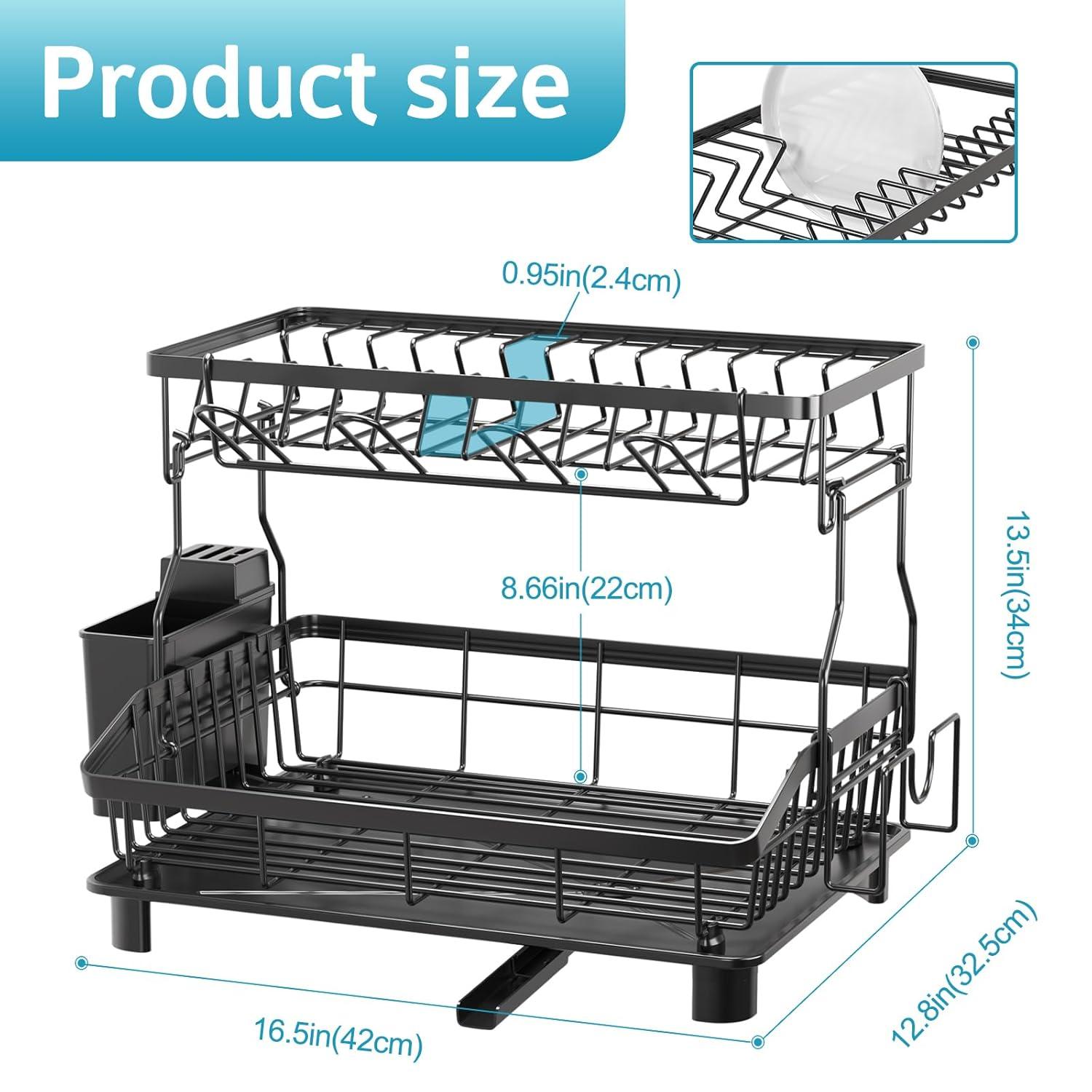 Dish Drying Rack - 2 Tier Dish Racks for Kitchen Counter with Drainboard, Utensil & Wine Glass Holder, Multifunctional Dish Drainer for Kitchen Organization, Black