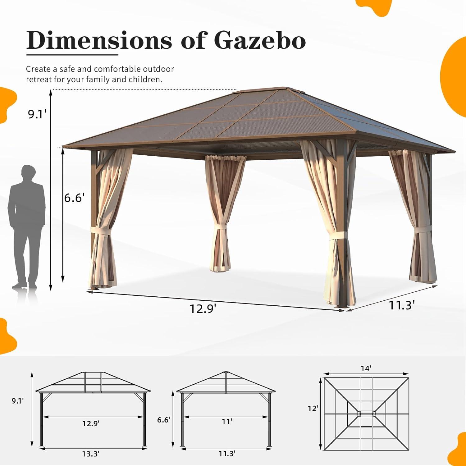 Hommow 12’ x 14’ Hardtop Gazebo, UV-Resistant Canopy with Durable Aluminum Frame