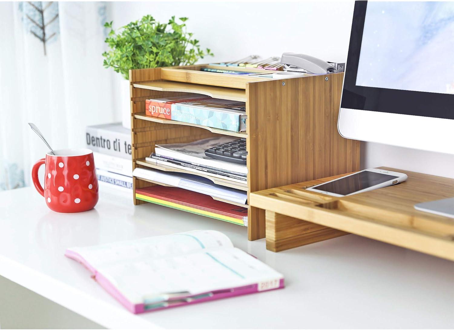 Natural Bamboo Adjustable 5-Tier File Organizer with Top Compartments