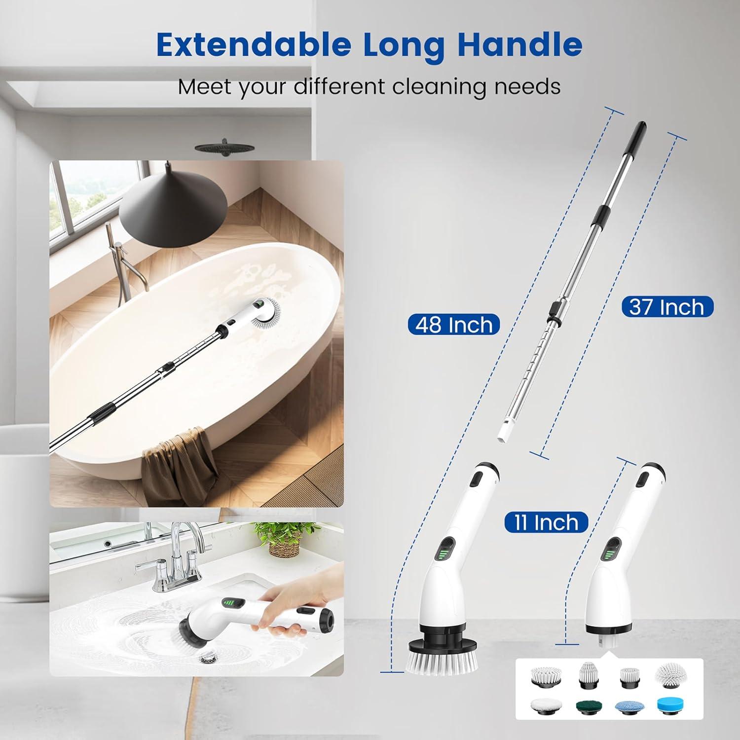 White Cordless Electric Spin Scrubber with Adjustable Handle and Replaceable Heads