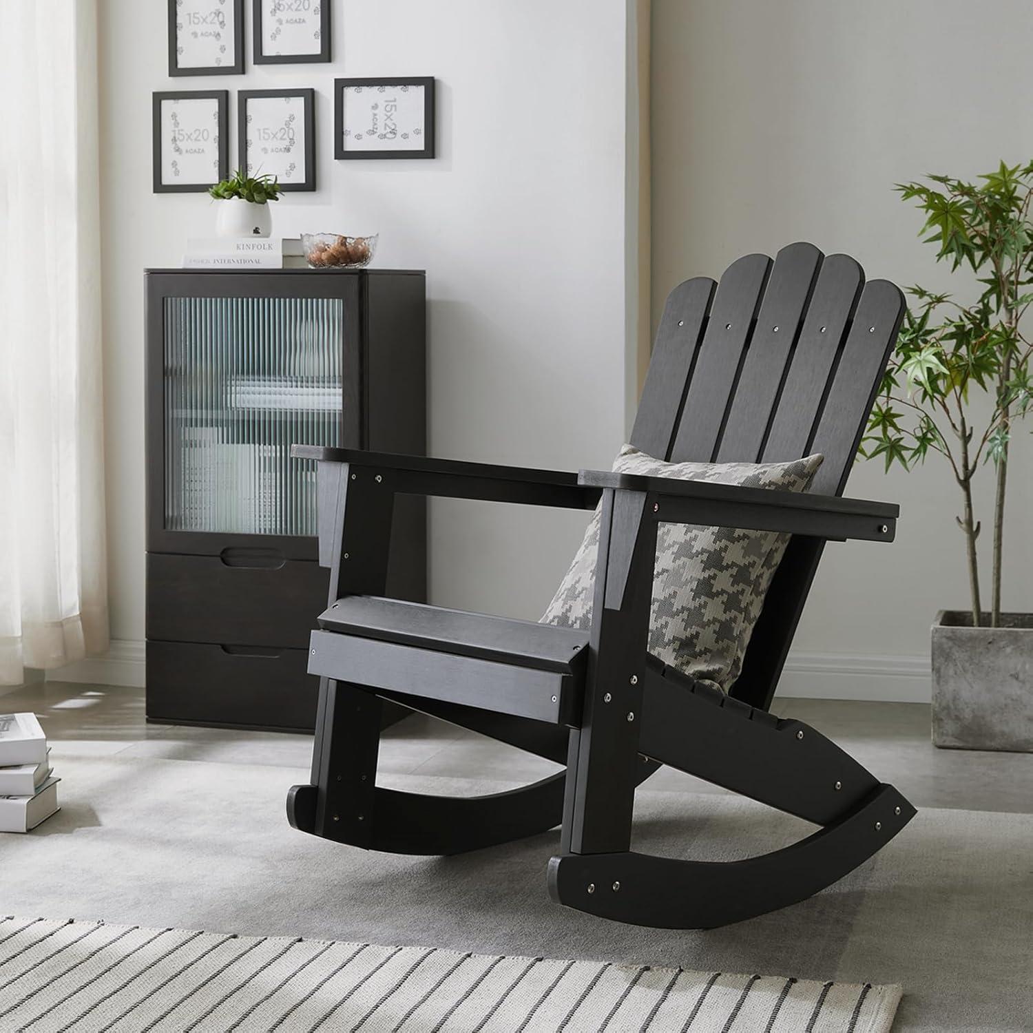 Flash Furniture Set of 2 Savannah Commercial Grade All-Weather Poly Resin Wood Adirondack Rocking Chairs with Side Table in Black