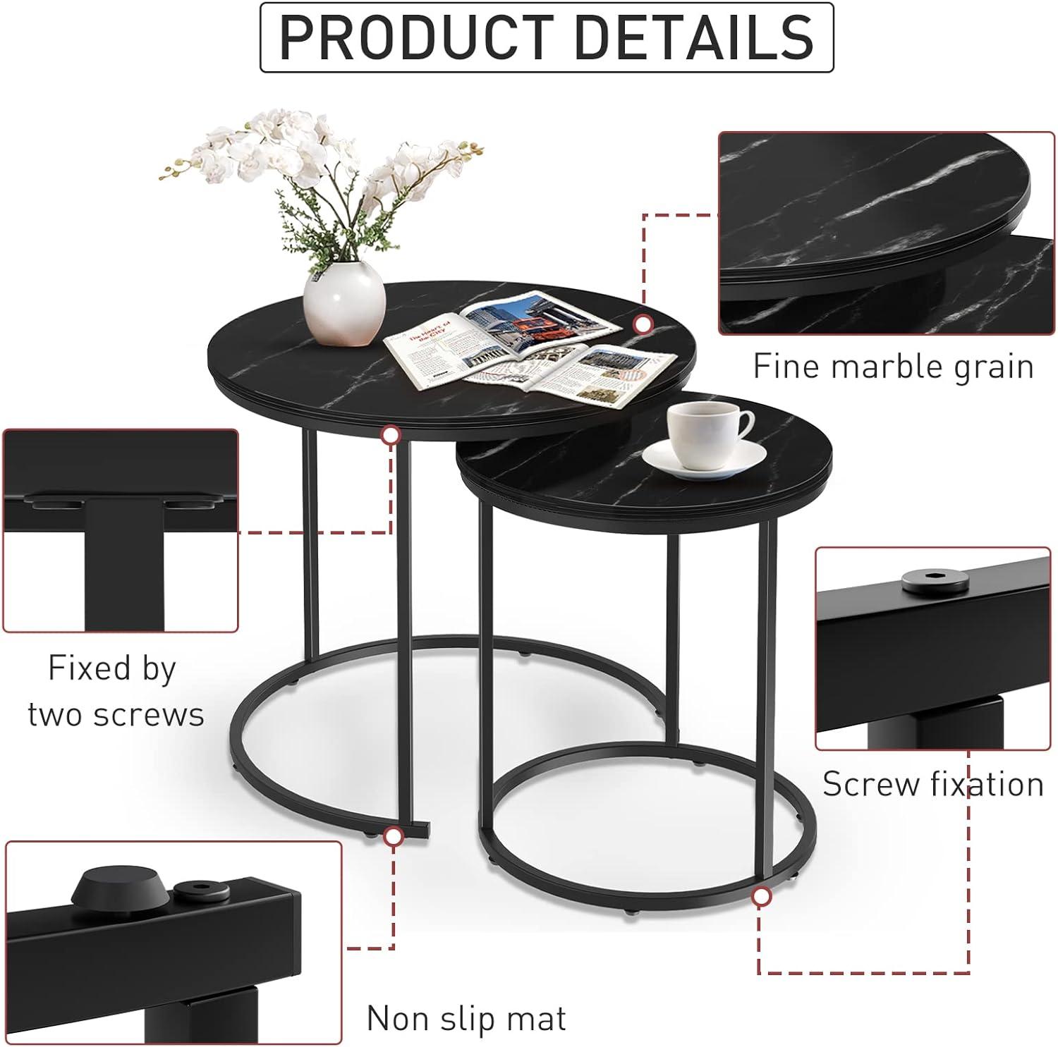 Black Marble Nesting Coffee Table Set with Metal Frame