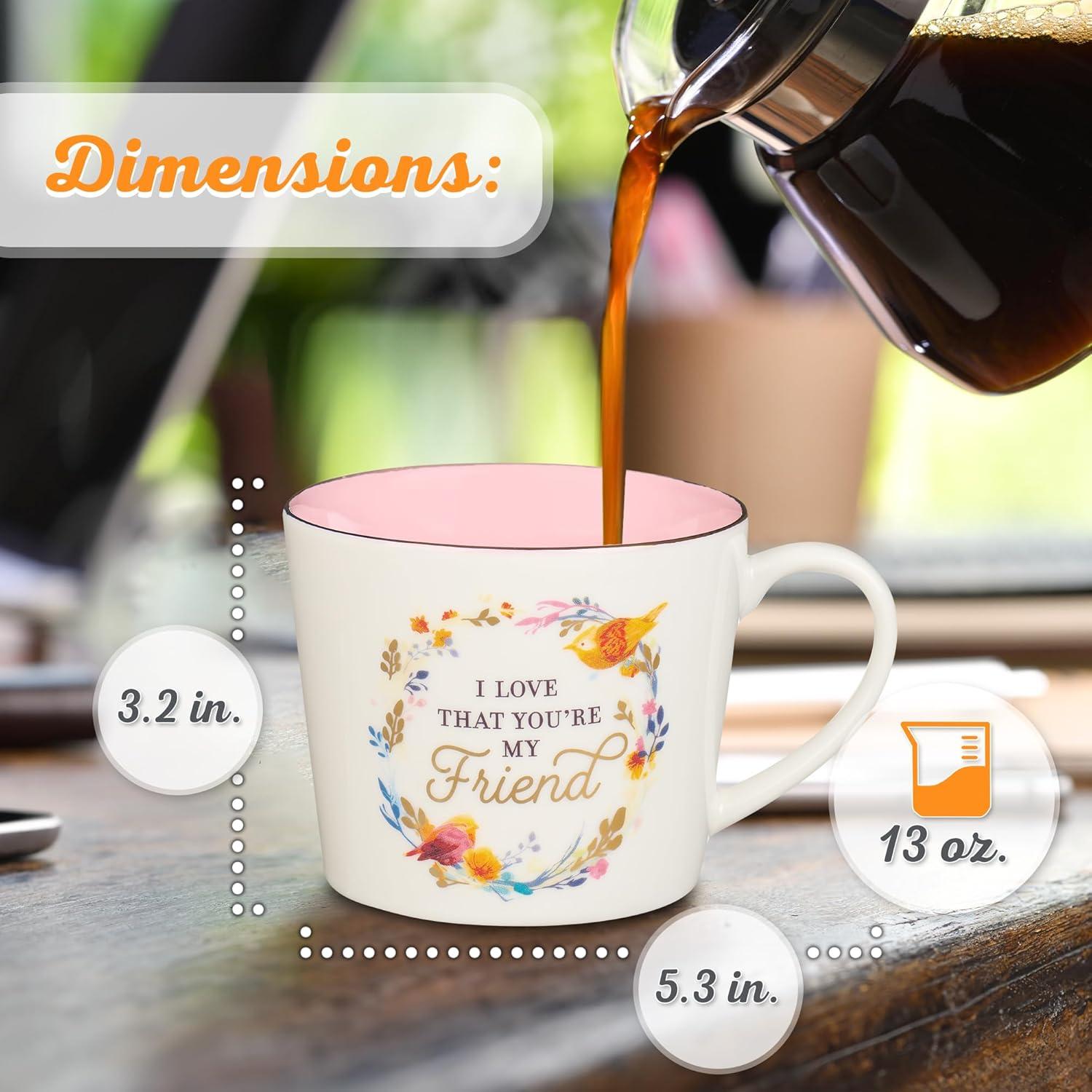 Christian Art Gifts Novelty Ceramic Floral Coffee & Tea Mug for Women: I Love that You're My Friend - Prov. 27:9 Inspirational Scripture, Lead-free Multicolor w/Birds & Gold Design, White/Pink, 13 oz.
