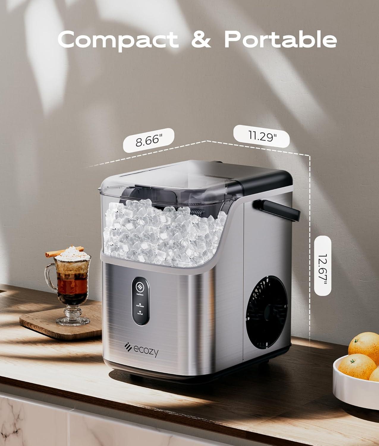 ecozy Nugget Ice Maker Countertop, Ice Maker with 33 lbs/24H, Crushed Pellet Ice Cubes, One-Click Operation Ice Machine with Self-Cleaning, for Party/Kitchen/Bar/Office, Stainless Steel