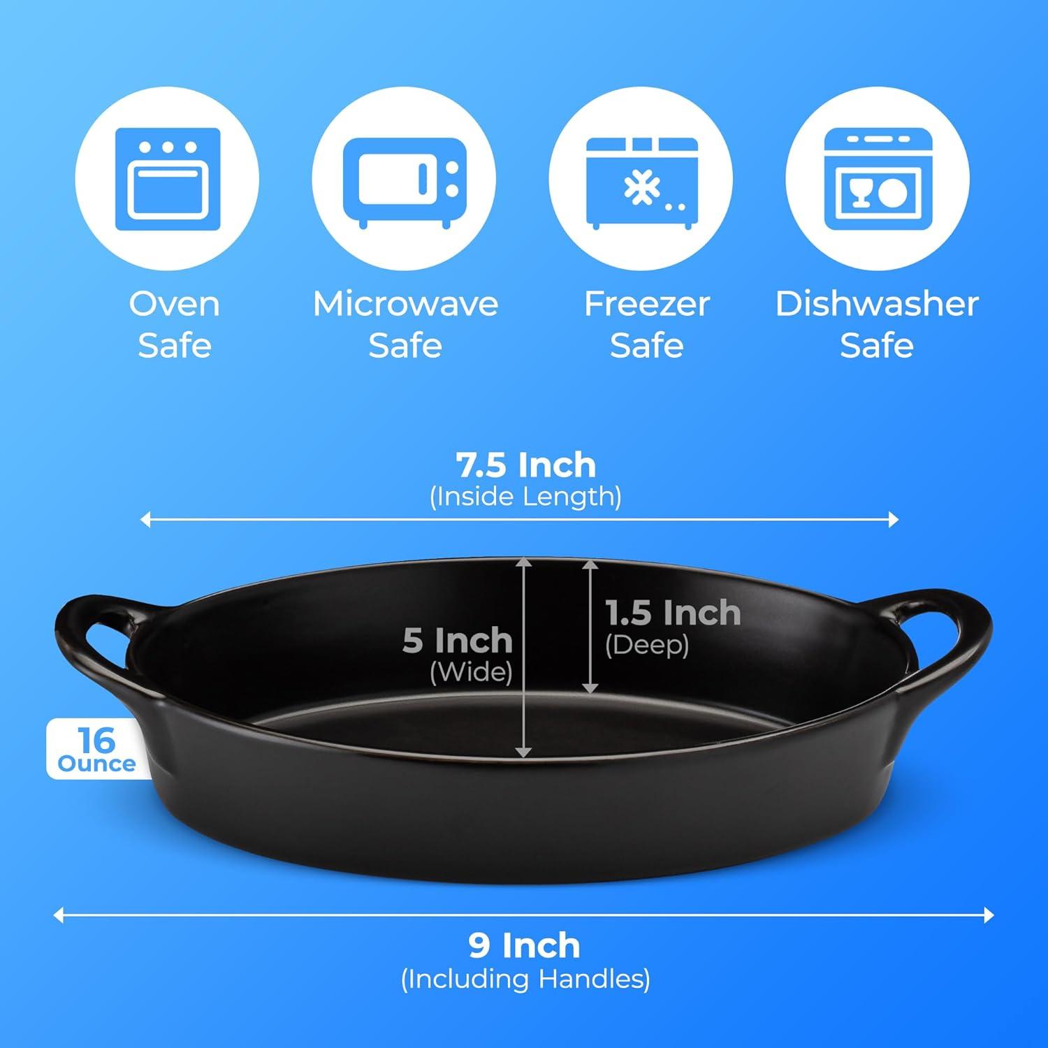 Oval Au Gratin Baking Dishes for Oven Safe and Microwave Cooking and Baking, 4 Pc. Dish Set, Heat Resistant Ceramic with Handles for Serving, Small Mini Casserole Dish, 8” x 5”, 16 oz, Matte Black