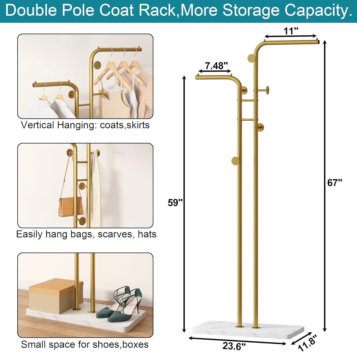 HOMEFORT Coat Rack, Freestanding Metal Coat Racks, Double-pole Clothes Hat Stand with 5 Hooks for Closet, Bedroom, Entryway, Living Room, Gold