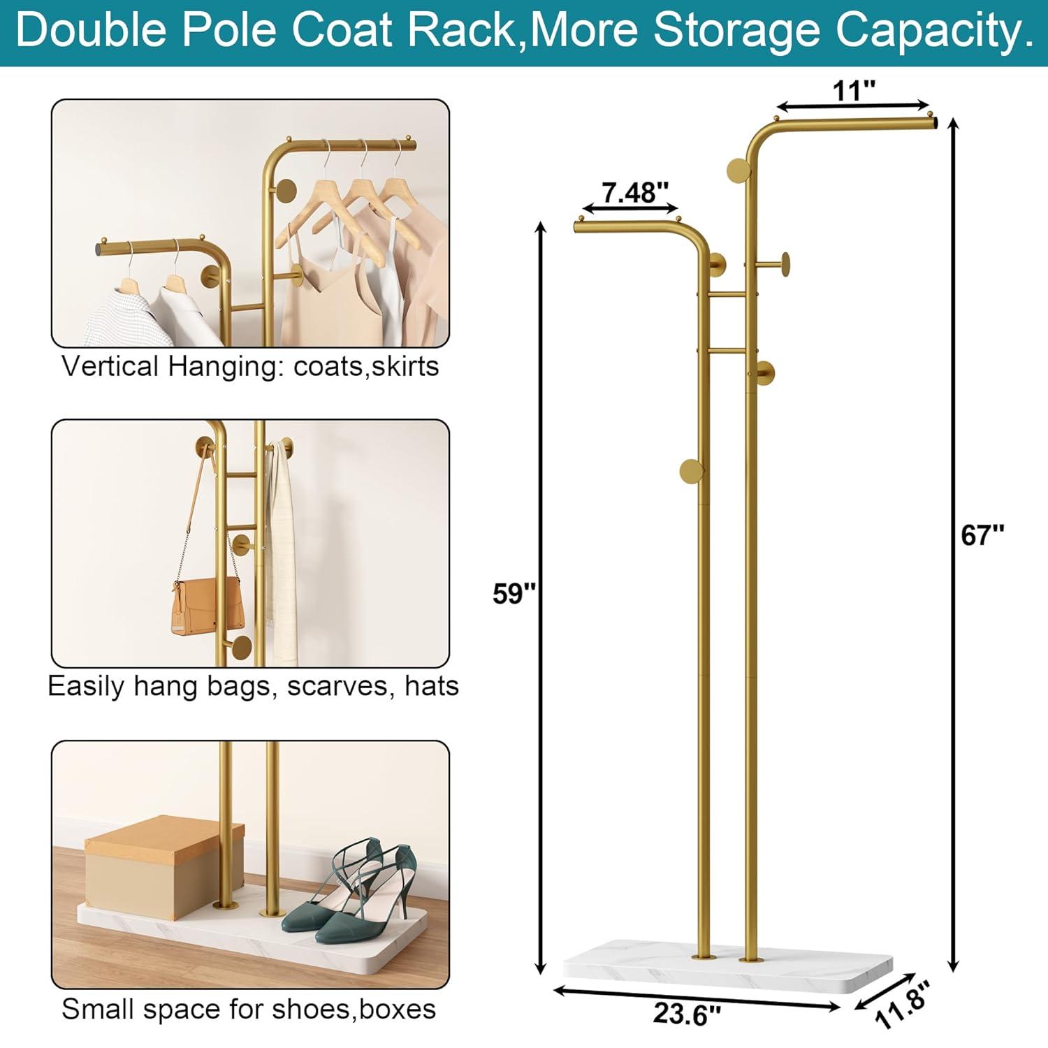 HOMEFORT Coat Rack, Freestanding Metal Coat Racks, Double-pole Clothes Hat Stand with 5 Hooks for Closet, Bedroom, Entryway, Living Room, Gold