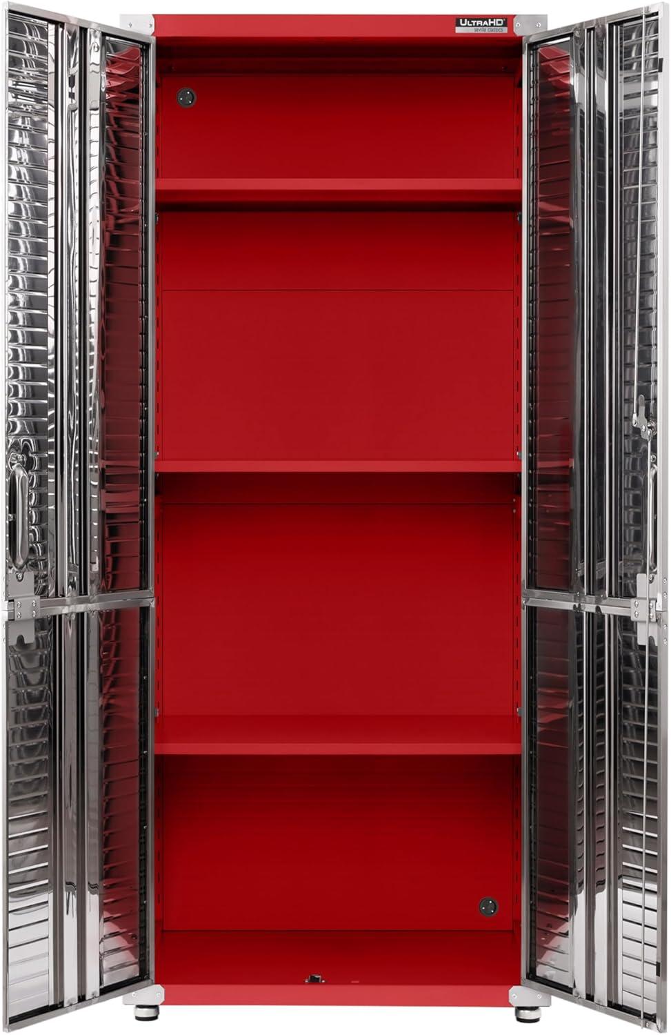 Red and Silver Steel Lockable Storage Cabinet with Adjustable Shelves