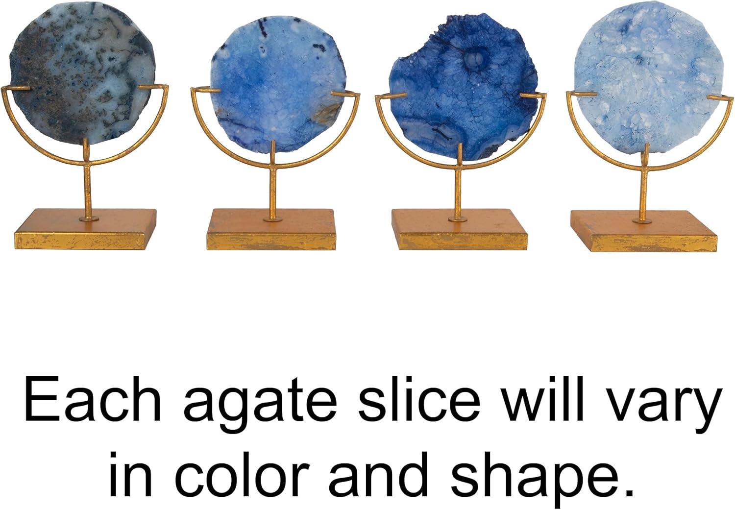 Blue Agate Stone Slice on Gold Metal Stand