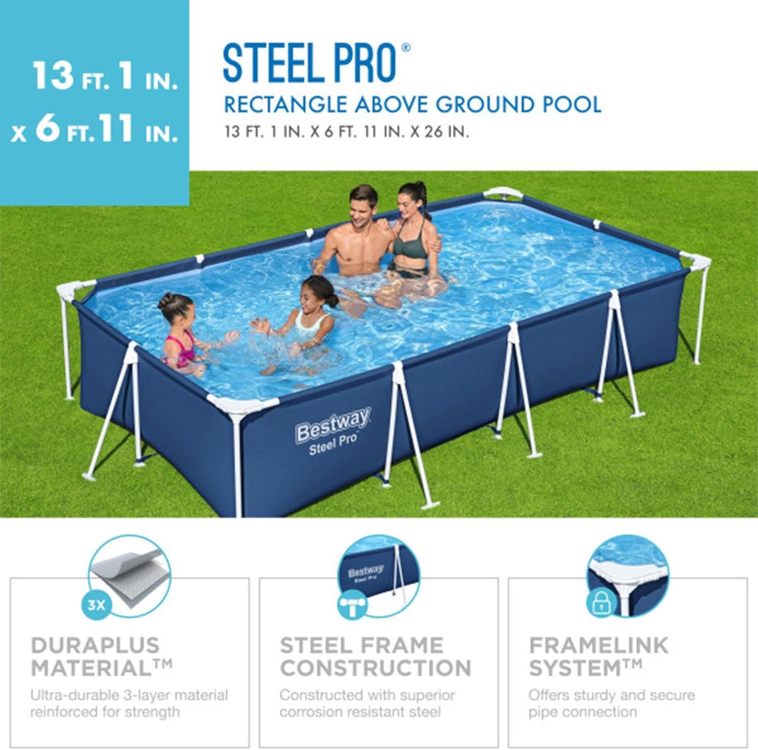 Bestway Steel Pro 13 Foot x 32 Inch Rectangular Above Ground Outdoor Pool Steel Framed Vinyl Swimming Pool with 1,506 Gallon Water Capacity, Blue