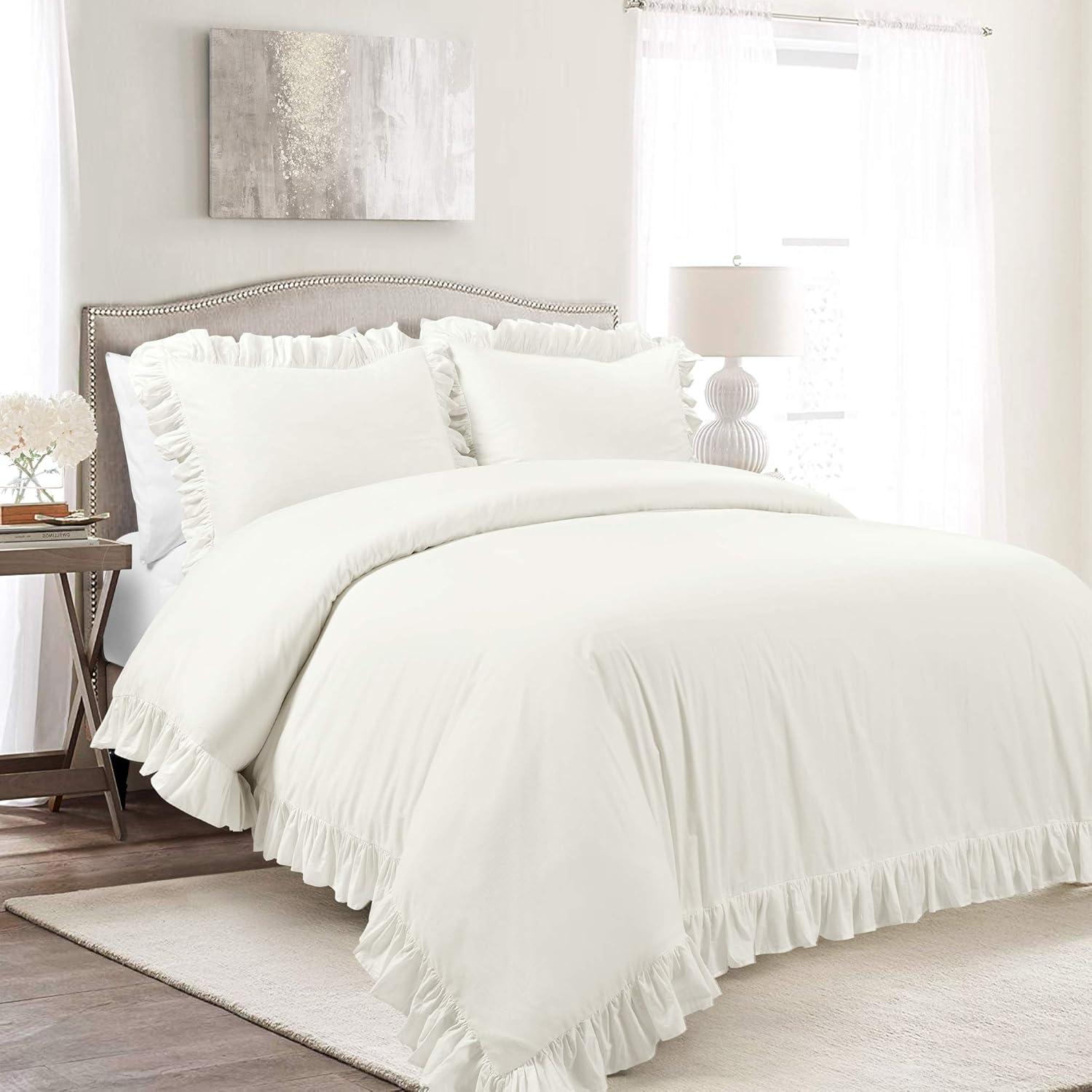 Off-White Ruffled Cotton Full/Queen Duvet Cover Set