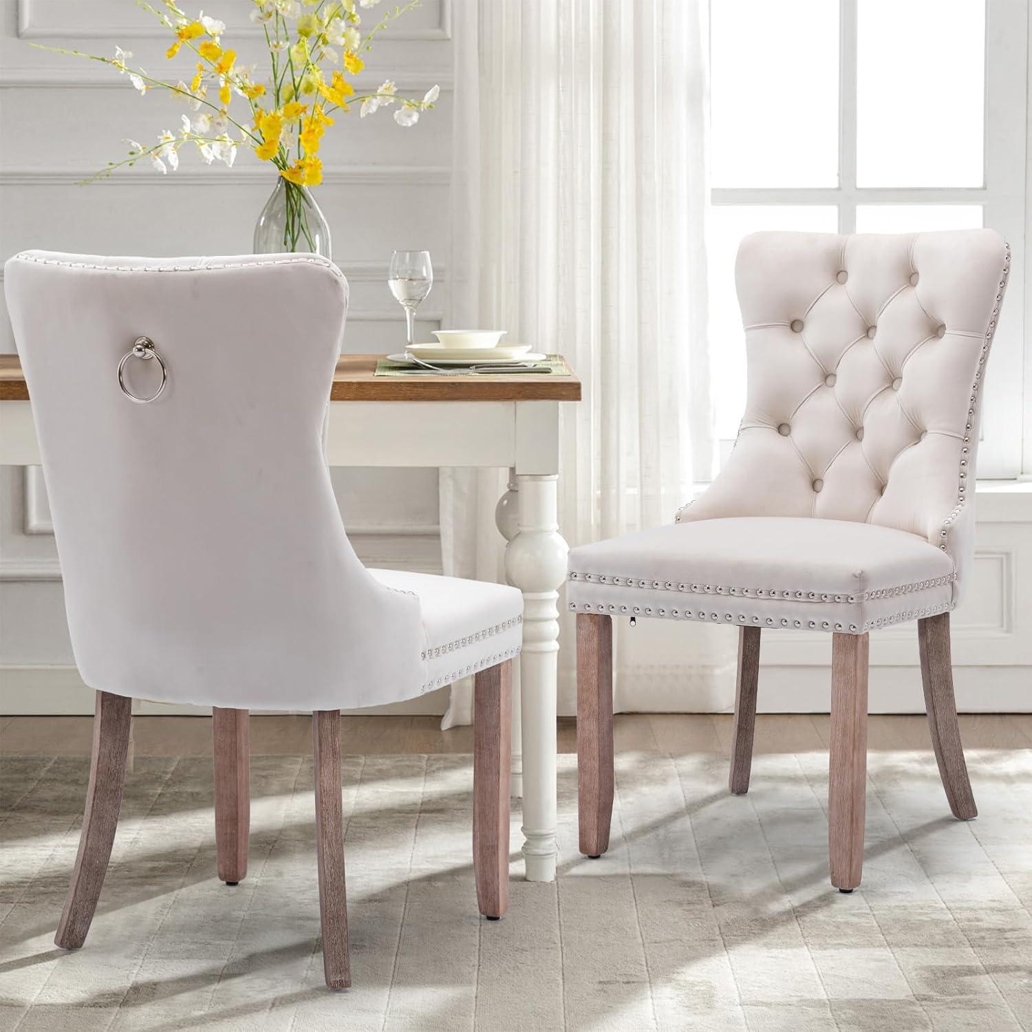 SoarFlash Velvet Dining Chairs Set of 4, Tall Back Side Chair, Modern Upholstered High-end Tufted Side Chair with Button Back Ring, Solid Wood Legs (Beige)