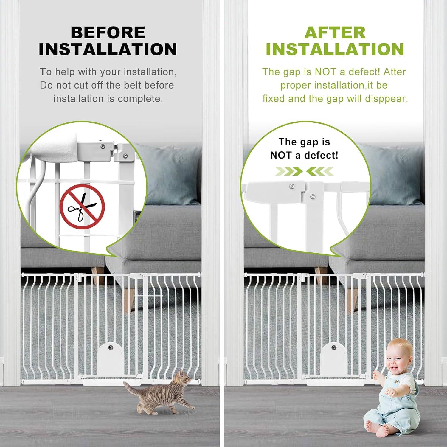 Baby Gates with Cat Door - Auto Close 29.5"-48.4" Safety Metal Dog Pet Gate for Doorway, Stairs, House, Walk Through Child Gate with Pet Door, includes 4 Wall Cups and 2 Extension Pieces