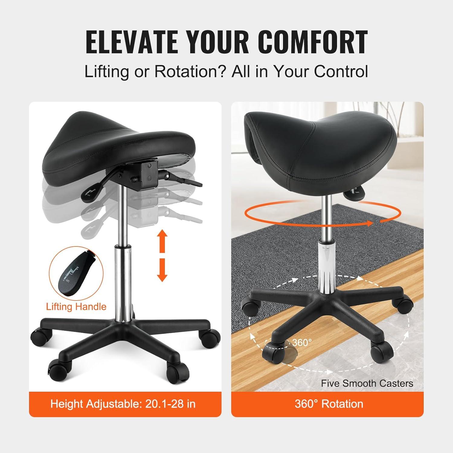 Black Adjustable Ergonomic Saddle Stool with Wheels