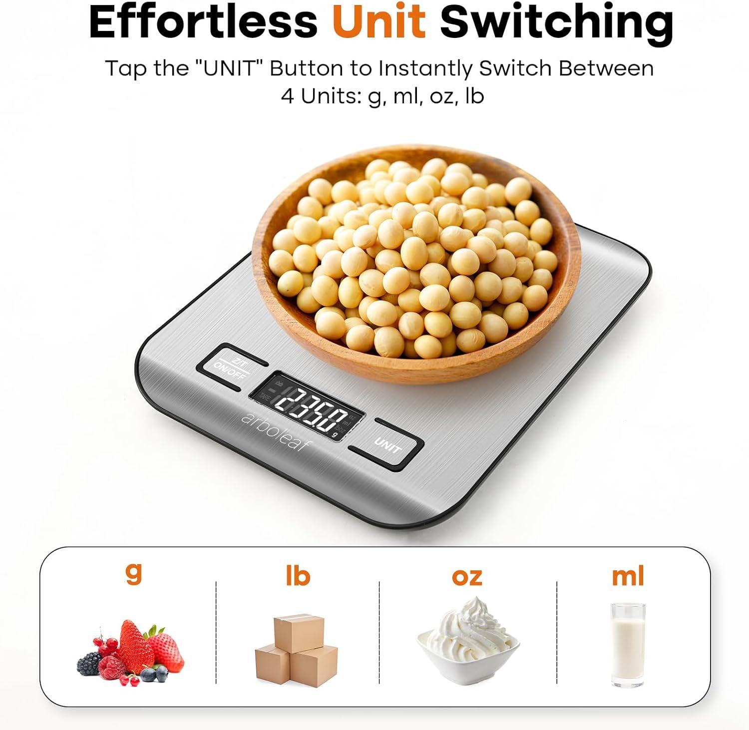 arboleaf Food Kitchen Scale, 22lb Digital Weight Grams and Ounces for Baking and Cooking, 1g/0.01oz Precise Food Scales for Kitchen, Backlit LCD Display, Tare Function, Stainless Steel