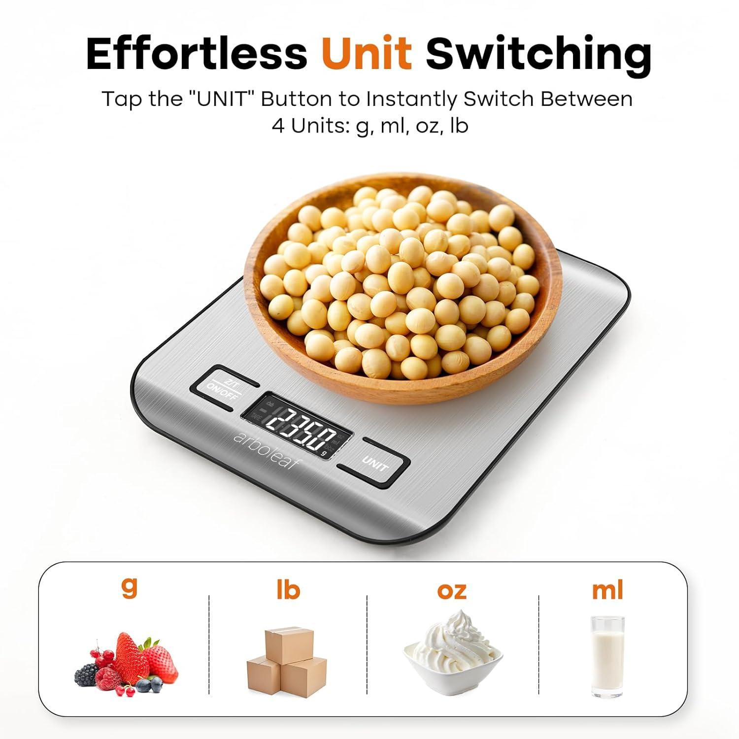 arboleaf Food Kitchen Scale, 22lb Digital Weight Grams and Ounces for Baking and Cooking, 1g/0.01oz Precise Food Scales for Kitchen, Backlit LCD Display, Tare Function, Stainless Steel