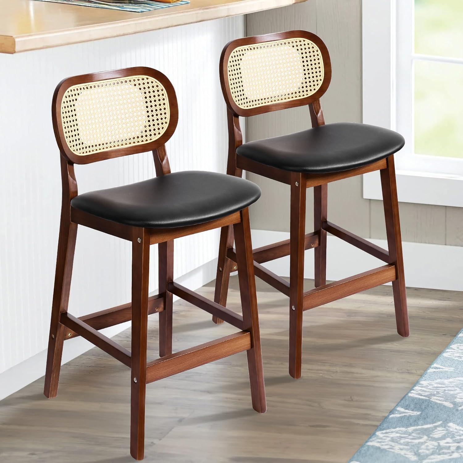 Lucky Monet Wood Upholstered Counter Height Bar Stools with Rattan Back - 36.81"H x 17.72"W x 18.7"D Set of 2 - White Faux Leather/ Brown Frame