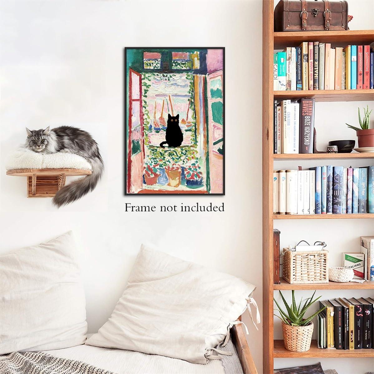Henri Matisse Oil Paintings on Canvas Wall Art Matisse Famous Open Window Black Cat Poster Funny Cat Floral Print Colorful Farmhouse Gallery Aesthetic Room Decor for Bedroom Bathroom 12x16in Unframed