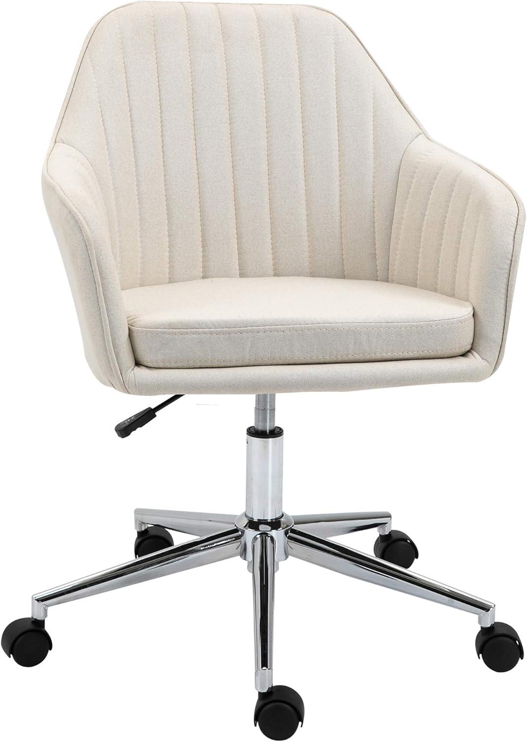 Vinsetto Mid-Back Task Chair, Fabric Home Office Chair, Swivel Desk Chair with Tub Shape Design & Lined Pattern Back for Living Room, Bedroom, Beige