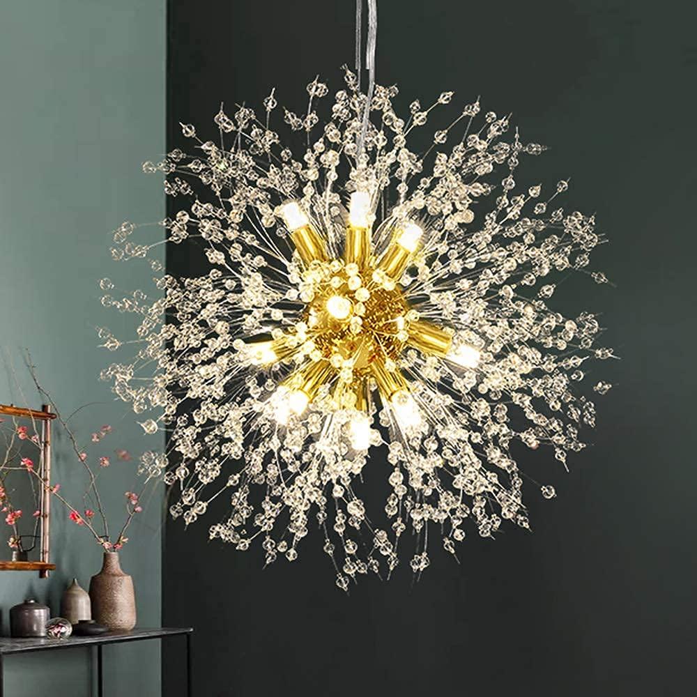 Mercer41 Modern Gold Crystal Chandelier With 12-Light Firework Design, Adjustable Dandelion Pendant Lighting For Dining Room, Living Room, Bedroom, Kitchen, And Hallway
