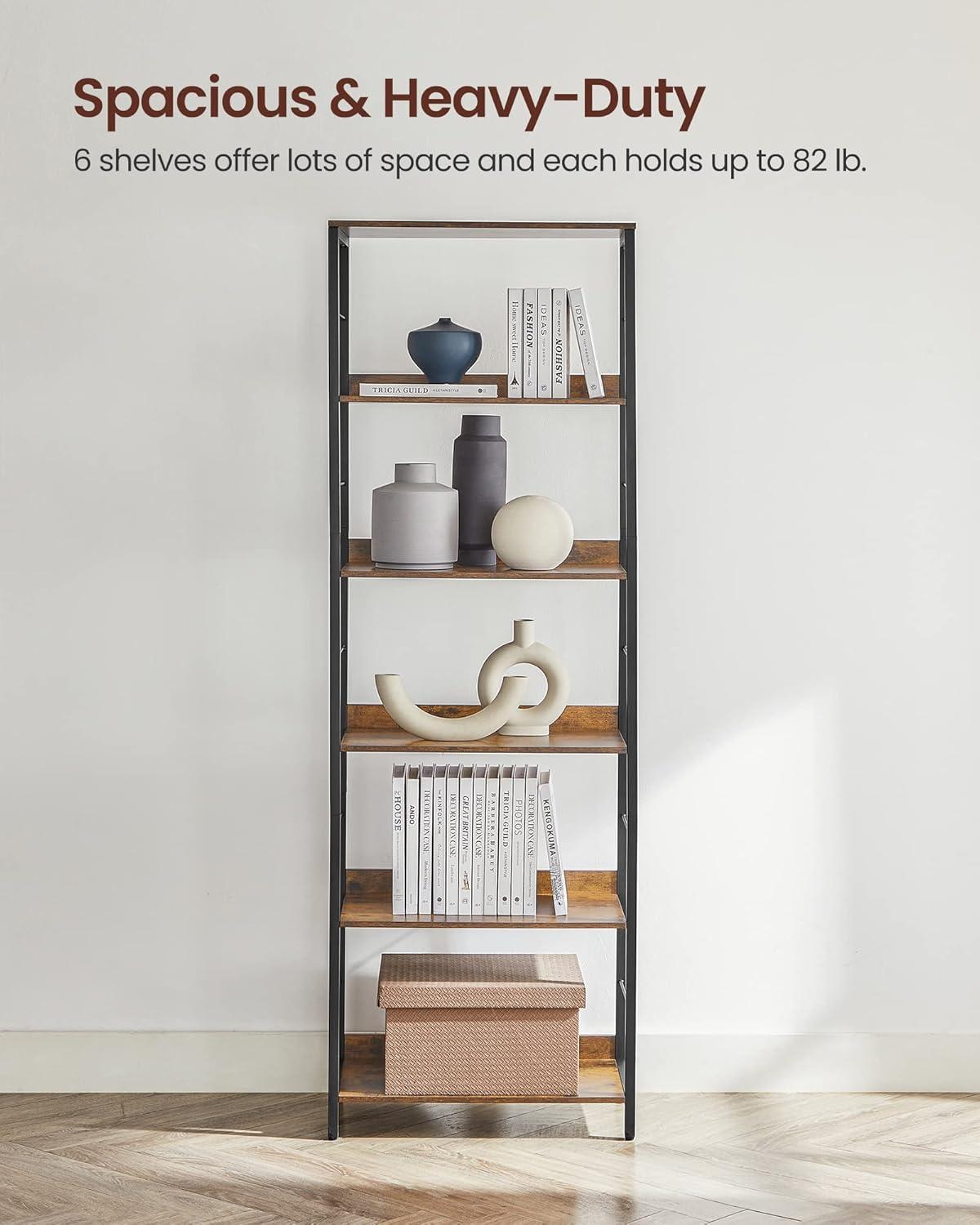 Rustic Brown and Black 6-Tier Industrial Bookshelf