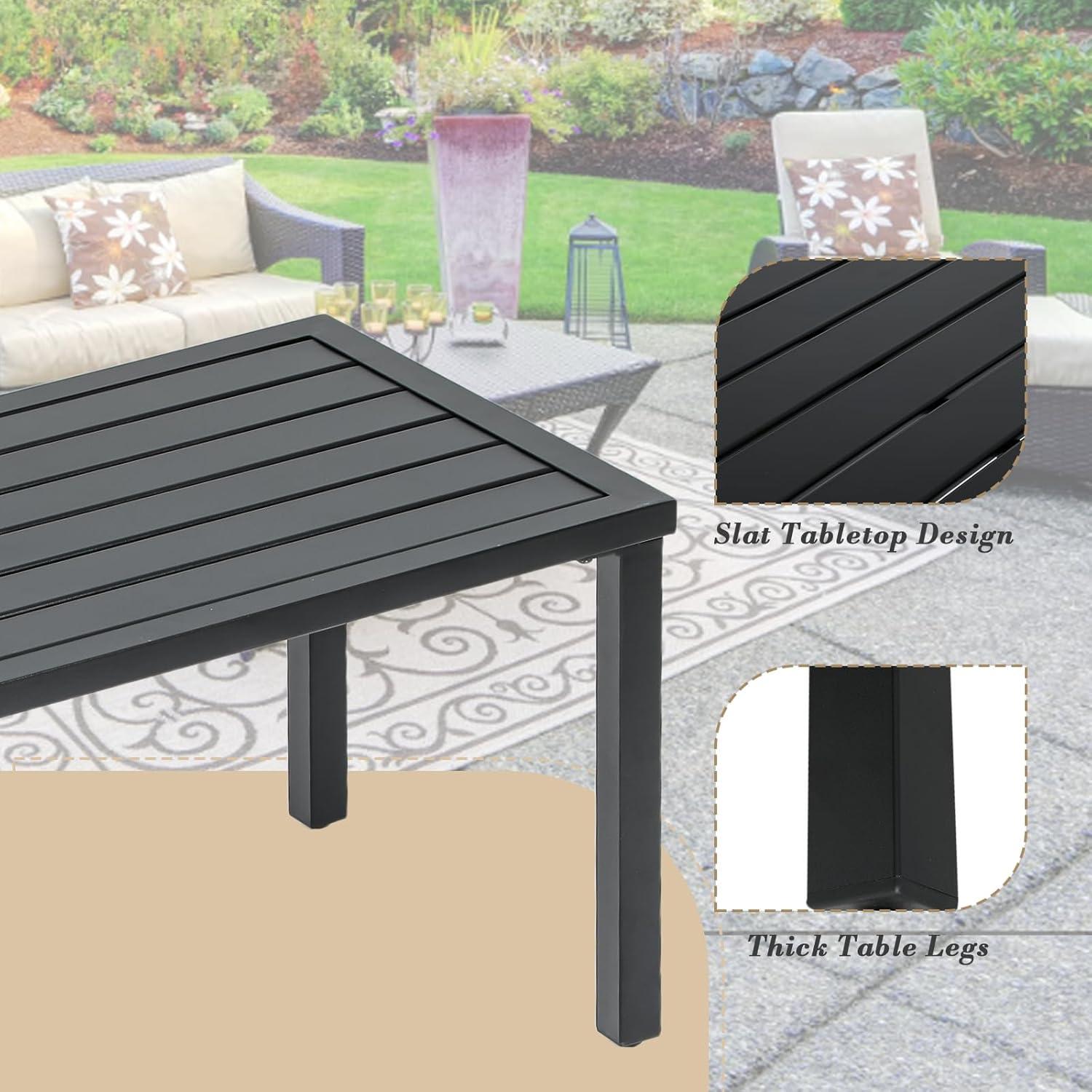 Athena Collection Small Outdoor Patio Coffee Table, 20 x 35 Retangular Metal Outdoor Patio End Table with Slatted Tabletop Waterproof for Indoor, Outside, Bistro, Balcony, Garden, Black