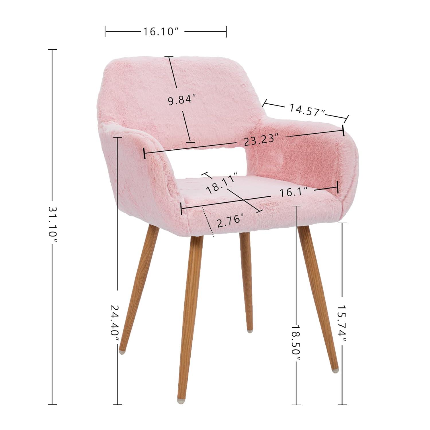 KCC Furry Desk Chair, Mid-Century Modern Accent Faux Fur Chair for Teen Girls, Comfy Armchair with Wood Look Metal Legs for Living Dining Room, Home Vanity Makeup Office Desk Chairs No Wheel, Pink