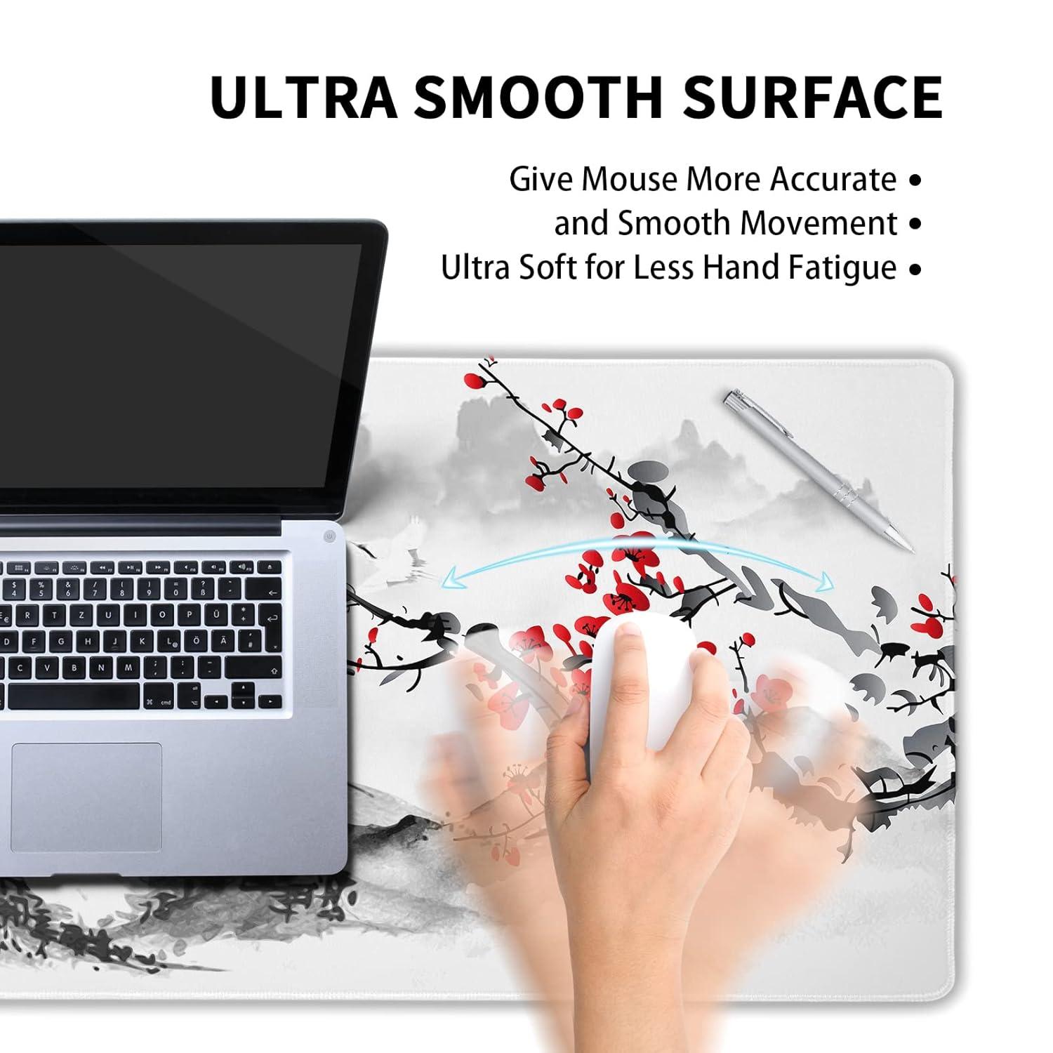 Extended Large Gaming Mouse Pad 35.4 X 15.7 Inch XXL Full Desk Japanese Art Style Cherry Blossom & Sakura Mousepad Non-Slip Rubber Base Big Keyboard Mat with Stitched Edges for Home Office