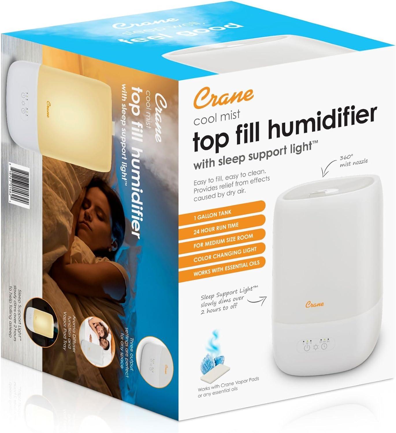 Crane USA Top Fill Cool Mist Humidifier - 1 Gallon with Sleep Support Light & Essential Oil Tray