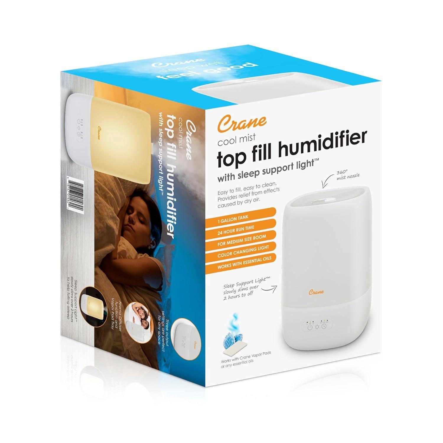 Crane USA Top Fill Cool Mist Humidifier - 1 Gallon with Sleep Support Light & Essential Oil Tray