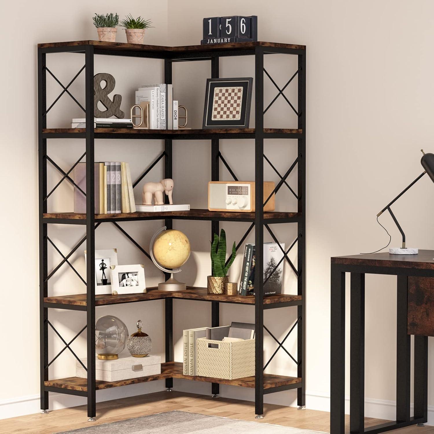 Rustic Brown 5-Shelf Corner Bookcase with Metal Frame