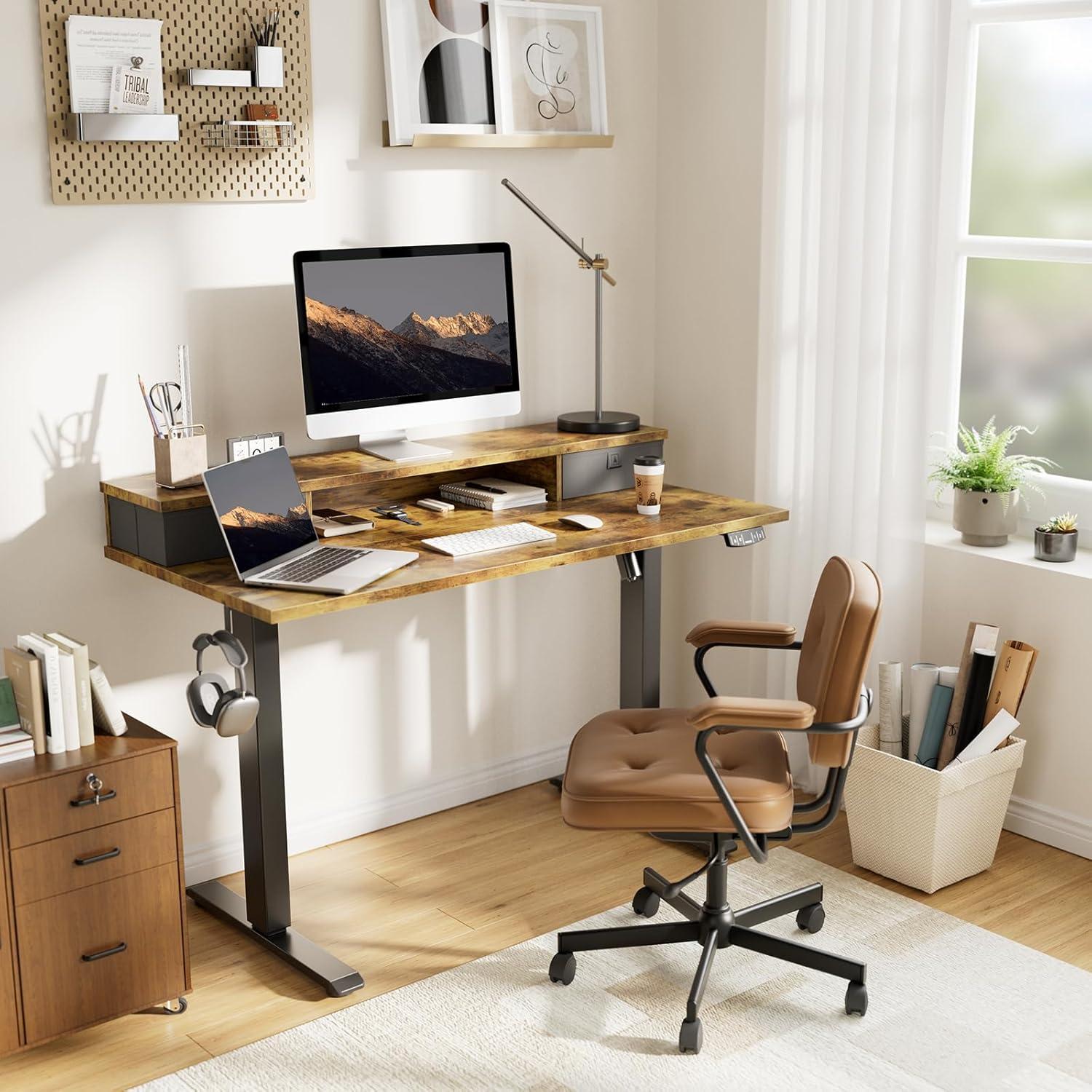 Rustic Brown Adjustable Height Standing Desk with Drawers and Shelf