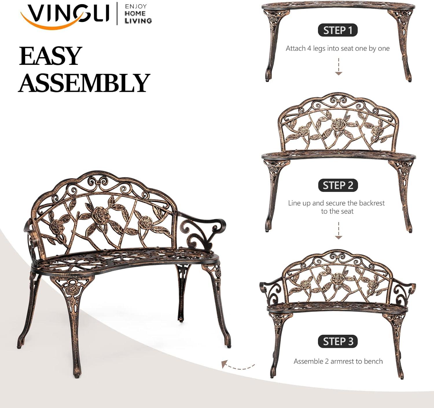 VINGLI 38.5" Patio Park Garden Outdoor Metal Rose Bench,Cast Iron Cast Aluminium Frame Antique Finish Chair,Accented Lawn Front Porch Path Yard Decor Deck Furniture for 2 Person SeatBronze