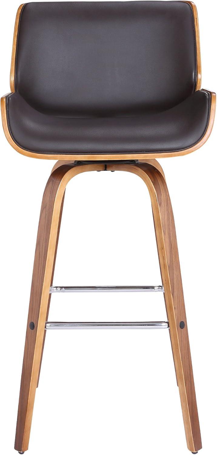 26" Armen Living Tyler Swivel Counter Barstool: Walnut Frame, Chrome Footrest, Faux Leather