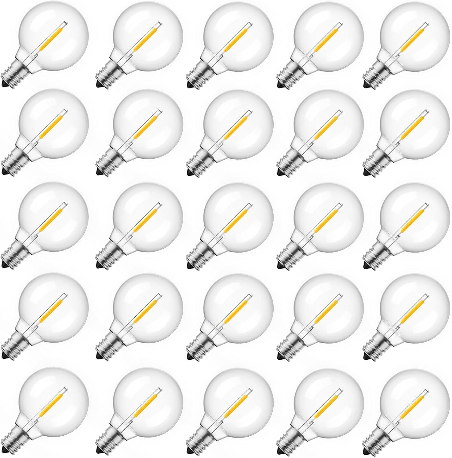 KY G40 Replacement LED Light Bulbs, 25 Pack Clear Globe Bulb fits E12 C7 Candelabra Screw Base Sockets, 1.5 Inch Dimmable Edison Light Bulbs for Indoor Outdoor Patio Decor, Warm White