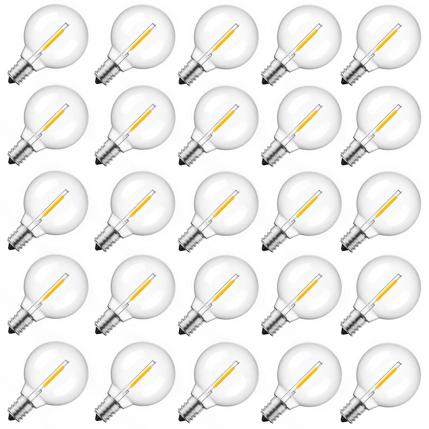 KY G40 Replacement LED Light Bulbs, 25 Pack Clear Globe Bulb fits E12 C7 Candelabra Screw Base Sockets, 1.5 Inch Dimmable Edison Light Bulbs for Indoor Outdoor Patio Decor, Warm White