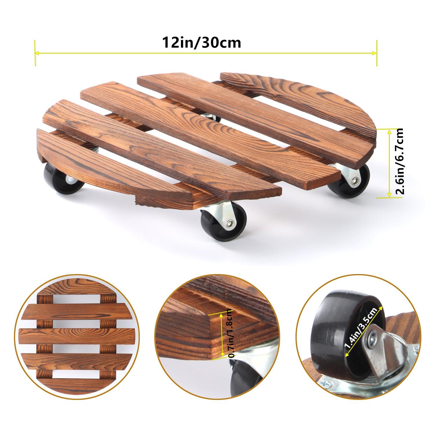 BUSATIA 2pack 12" Plant Caddy Plant Stand with Wheels,Rolling Plant Stand Heavy Duty Wooden Round Plant Dolly Rollers with 360°Metal Lockable Casters Indoor Outdoor Pot Plant Roller Base Caddies